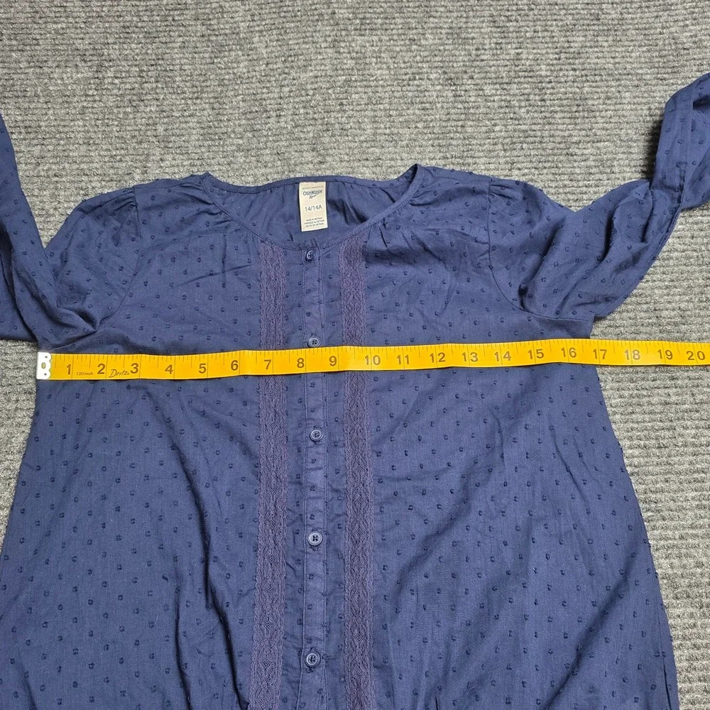 OshKosh Bgosh Lace Trim Tie Front Blouse Girl's Size 14 14A Navy Blue Swiss‎ Dot
